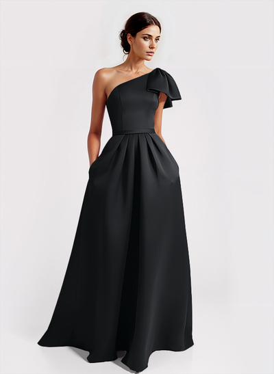 Unique Bow Accented One-Shoulder Ruched Wasit Satin Mother Of The Bride Dresses