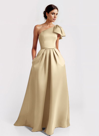 Unique Bow Accented One-Shoulder Ruched Wasit Satin Mother Of The Bride Dresses