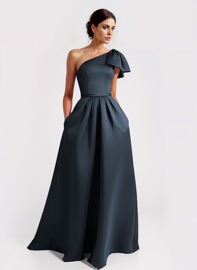 Unique Bow Accented One-Shoulder Ruched Wasit Satin Mother Of The Bride Dresses