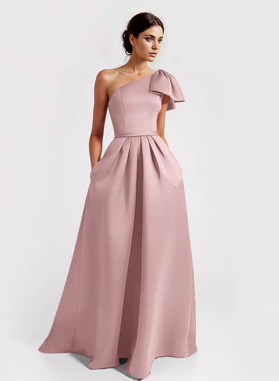 Unique Bow Accented One-Shoulder Ruched Wasit Satin Mother Of The Bride Dresses