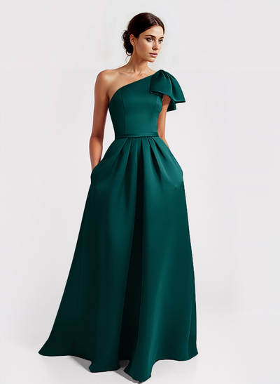 Unique Bow Accented One-Shoulder Ruched Wasit Satin Mother Of The Bride Dresses