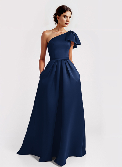 Unique Bow Accented One-Shoulder Ruched Wasit Satin Mother Of The Bride Dresses