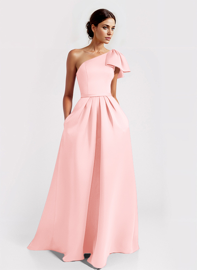 Unique Bow Accented One-Shoulder Ruched Wasit Satin Mother Of The Bride Dresses