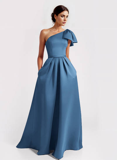 Unique Bow Accented One-Shoulder Ruched Wasit Satin Mother Of The Bride Dresses