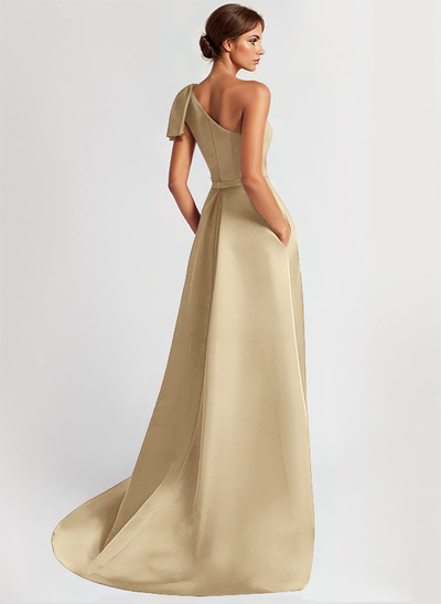 Unique Bow Accented One-Shoulder Ruched Wasit Satin Mother Of The Bride Dresses
