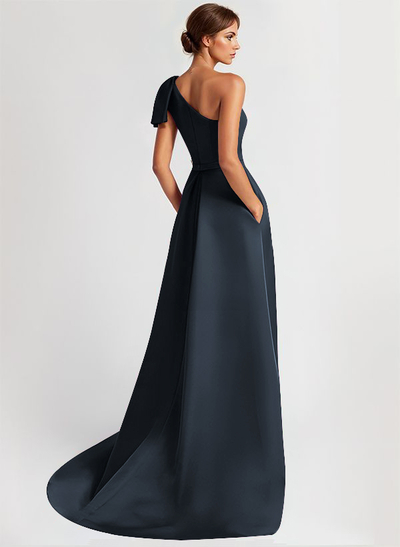 Unique Bow Accented One-Shoulder Ruched Wasit Satin Mother Of The Bride Dresses