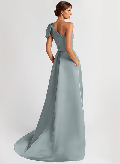 Unique Bow Accented One-Shoulder Ruched Wasit Satin Mother Of The Bride Dresses