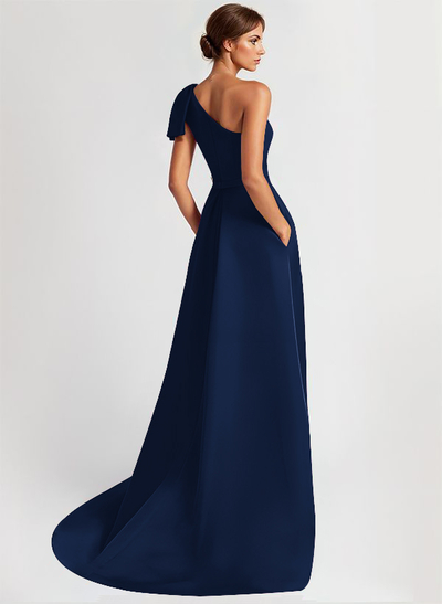Unique Bow Accented One-Shoulder Ruched Wasit Satin Mother Of The Bride Dresses