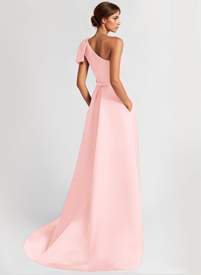 Unique Bow Accented One-Shoulder Ruched Wasit Satin Mother Of The Bride Dresses