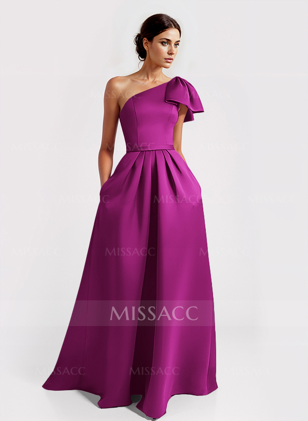 Unique Bow Accented One-Shoulder Ruched Wasit Satin Mother Of The Bride Dresses