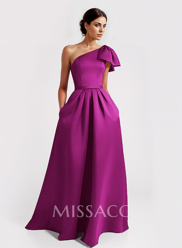 Unique Bow Accented One-Shoulder Ruched Wasit Satin Mother Of The Bride Dresses