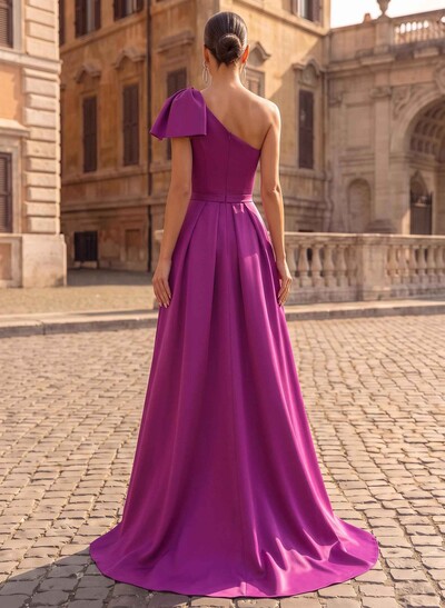 Unique Bow Accented One-Shoulder Ruched Wasit Satin Mother Of The Bride Dresses