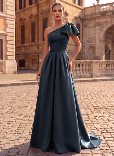 Unique Bow Accented One-Shoulder Ruched Wasit Satin Mother Of The Bride Dresses