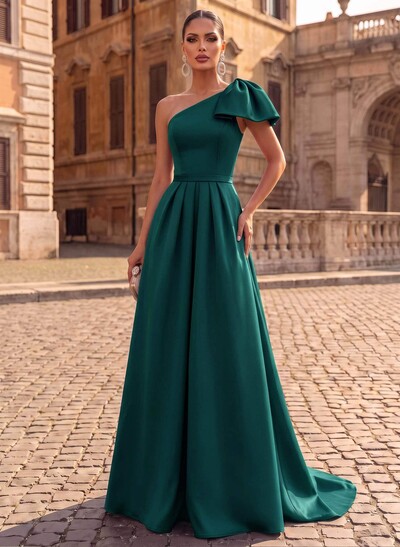 Unique Bow Accented One-Shoulder Ruched Wasit Satin Mother Of The Bride Dresses