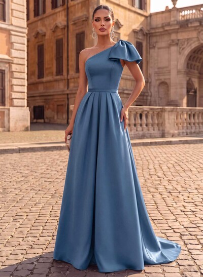Unique Bow Accented One-Shoulder Ruched Wasit Satin Mother Of The Bride Dresses