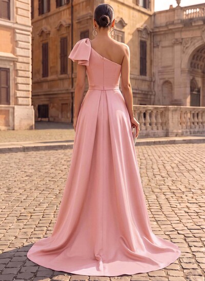 Unique Bow Accented One-Shoulder Ruched Wasit Satin Mother Of The Bride Dresses