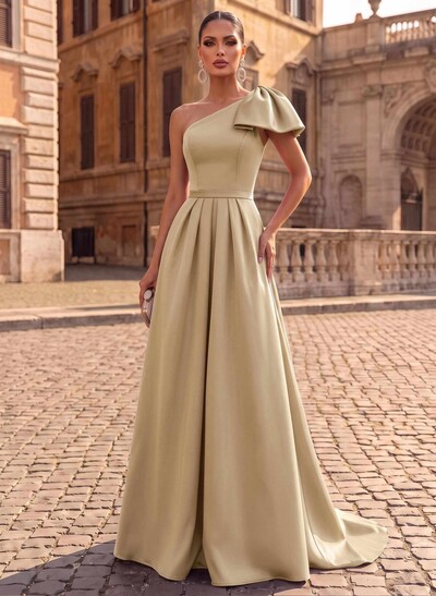 Unique Bow Accented One-Shoulder Ruched Wasit Satin Mother Of The Bride Dresses