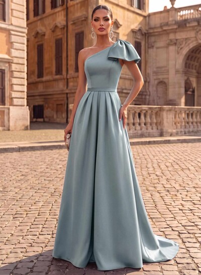 Unique Bow Accented One-Shoulder Ruched Wasit Satin Mother Of The Bride Dresses