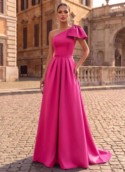 Unique Bow Accented One-Shoulder Ruched Wasit Satin Mother Of The Bride Dresses