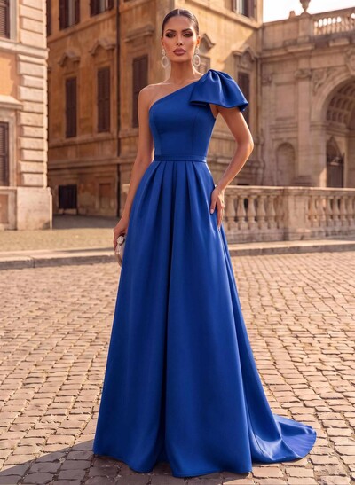 Unique Bow Accented One-Shoulder Ruched Wasit Satin Mother Of The Bride Dresses