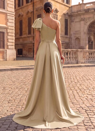 Unique Bow Accented One-Shoulder Ruched Wasit Satin Mother Of The Bride Dresses