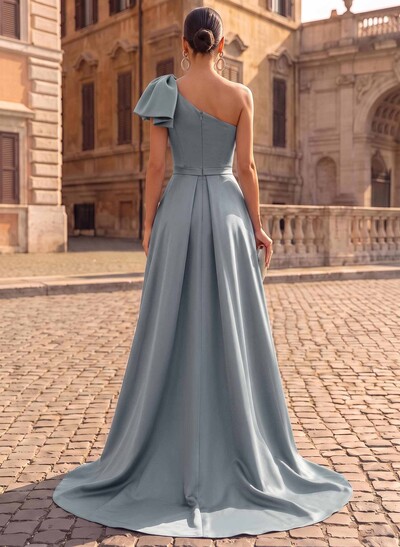 Unique Bow Accented One-Shoulder Ruched Wasit Satin Mother Of The Bride Dresses