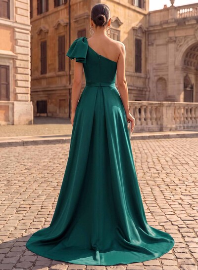 Unique Bow Accented One-Shoulder Ruched Wasit Satin Mother Of The Bride Dresses
