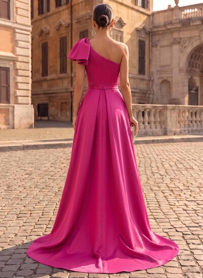 Unique Bow Accented One-Shoulder Ruched Wasit Satin Mother Of The Bride Dresses