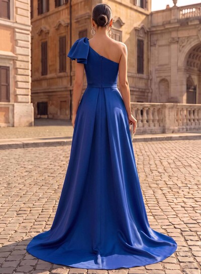 Unique Bow Accented One-Shoulder Ruched Wasit Satin Mother Of The Bride Dresses