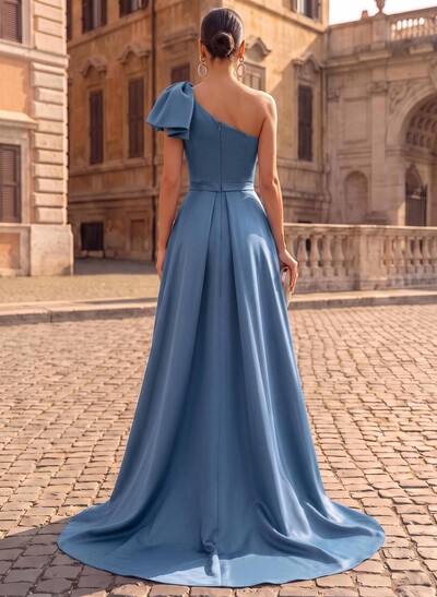 Unique Bow Accented One-Shoulder Ruched Wasit Satin Mother Of The Bride Dresses