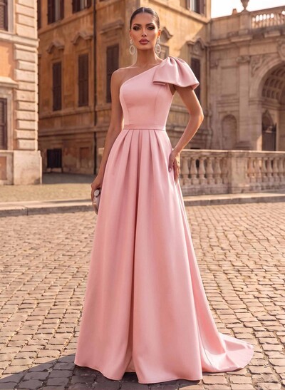 Unique Bow Accented One-Shoulder Ruched Wasit Satin Mother Of The Bride Dresses