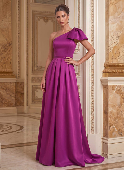 Unique Bow Accented One-Shoulder Ruched Wasit Satin Mother Of The Bride Dresses