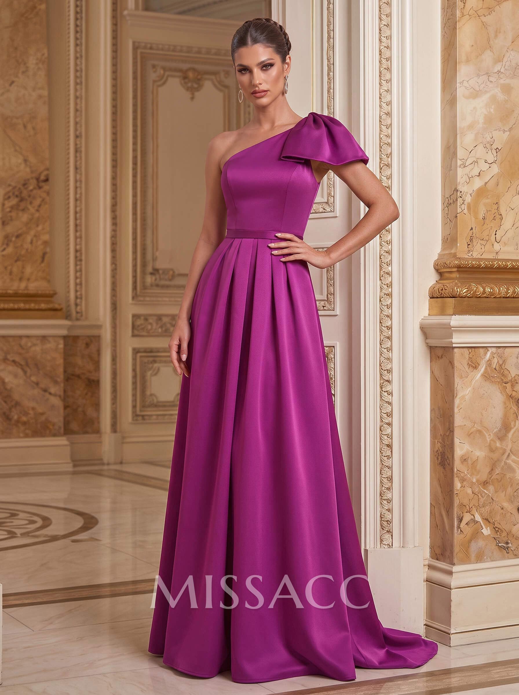 Unique Bow Accented One-Shoulder Ruched Wasit Satin Mother Of The Bride Dresses Unique Bow Accented One-Shoulder Ruched Wasit Satin Mother Of The Bride Dresses