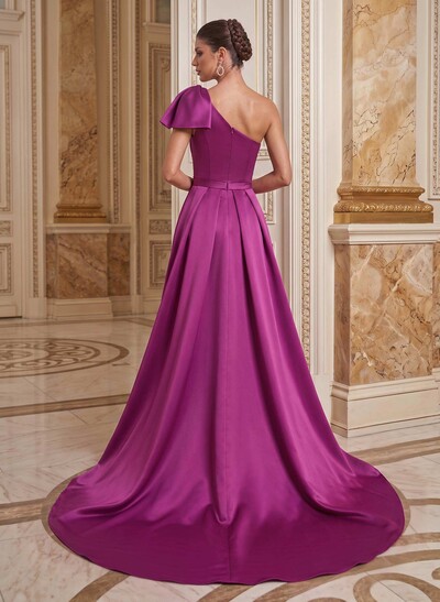 Unique Bow Accented One-Shoulder Ruched Wasit Satin Mother Of The Bride Dresses