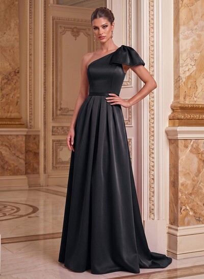 Unique Bow Detail One-Shoulder Ruched Waist Satin Mother Of The Bride Dresses