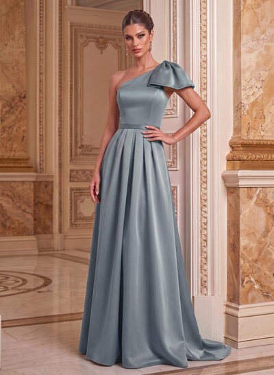 Unique Bow Accented One-Shoulder Ruched Wasit Satin Mother Of The Bride Dresses