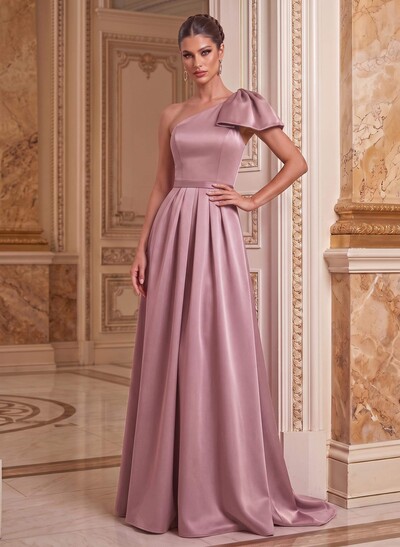 Unique Bow Detail One-Shoulder Ruched Waist Satin Mother Of The Bride Dresses