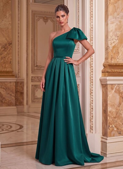 Unique Bow Accented One-Shoulder Ruched Wasit Satin Mother Of The Bride Dresses