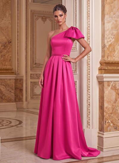 Unique Bow Accented One-Shoulder Ruched Wasit Satin Mother Of The Bride Dresses