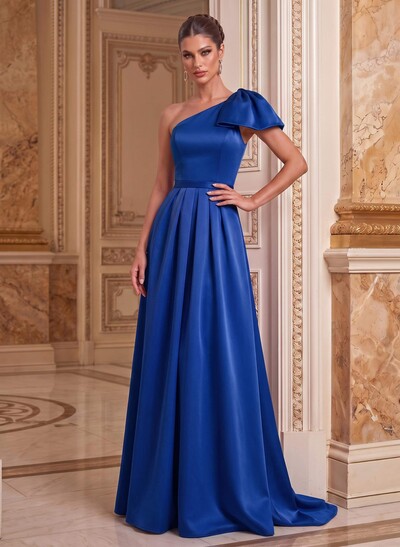 Unique Bow Accented One-Shoulder Ruched Wasit Satin Mother Of The Bride Dresses