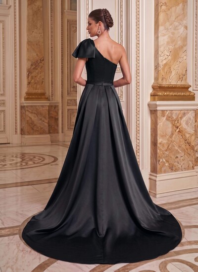 Unique Bow Detail One-Shoulder Ruched Waist Satin Mother Of The Bride Dresses