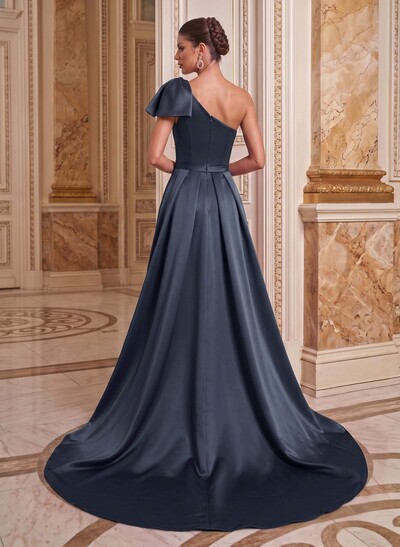 Unique Bow Detail One-Shoulder Ruched Waist Satin Mother Of The Bride Dresses