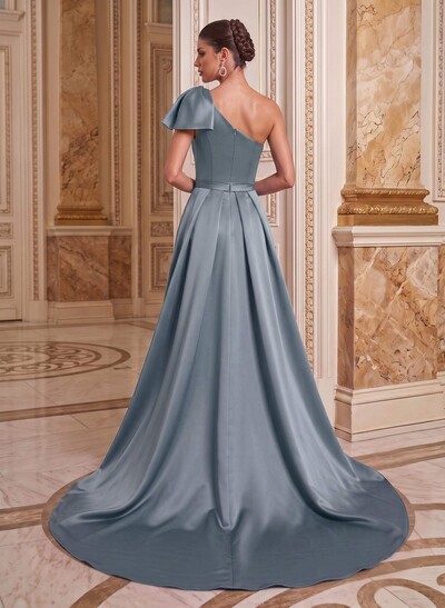 Unique Bow Accented One-Shoulder Ruched Wasit Satin Mother Of The Bride Dresses