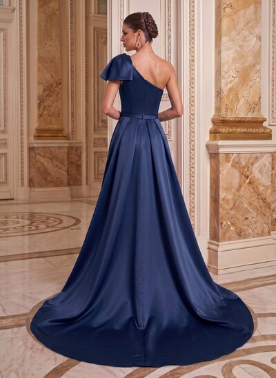 Unique Bow Accented One-Shoulder Ruched Wasit Satin Mother Of The Bride Dresses