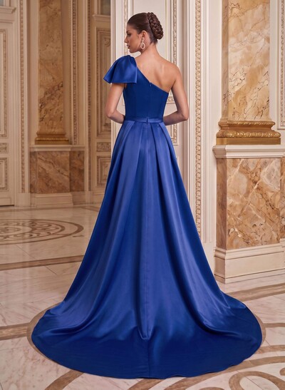 Unique Bow Accented One-Shoulder Ruched Wasit Satin Mother Of The Bride Dresses