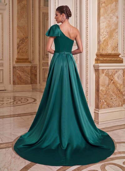 Unique Bow Accented One-Shoulder Ruched Wasit Satin Mother Of The Bride Dresses