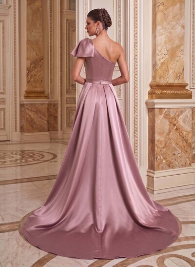 Unique Bow Detail One-Shoulder Ruched Waist Satin Mother Of The Bride Dresses