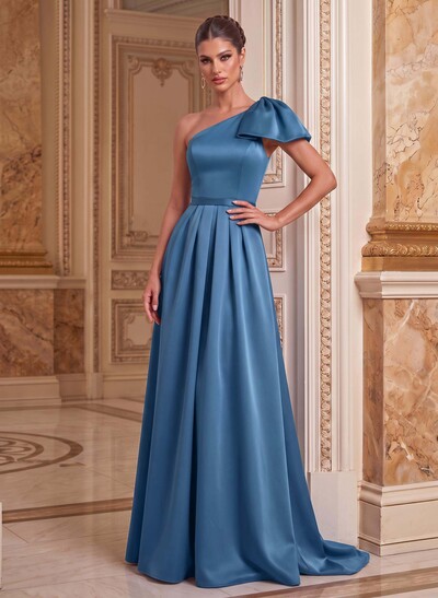 Unique Bow Accented One-Shoulder Ruched Waist Satin Mother Of The Bride Dresses
