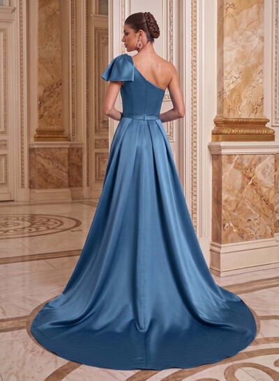 Unique Bow Accented One-Shoulder Ruched Waist Satin Mother Of The Bride Dresses
