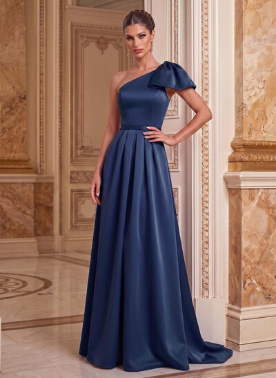 Unique Bow Accented One-Shoulder Ruched Wasit Satin Mother Of The Bride Dresses